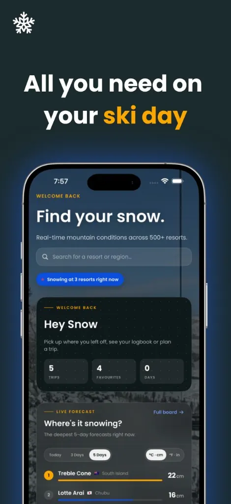 SnowStash home screen with live snowfall board