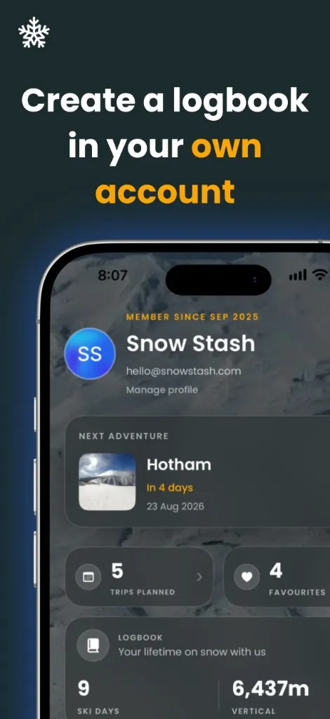 SnowStash account and logbook overview