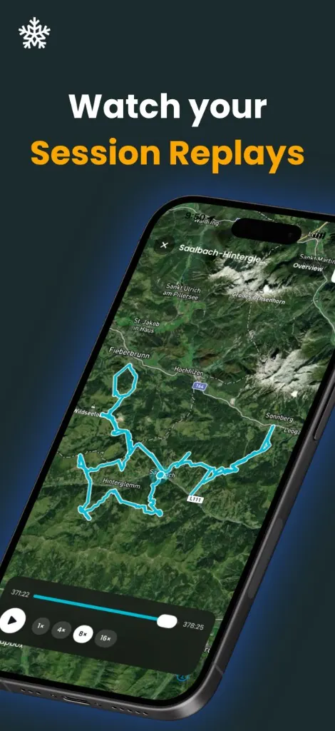 Session replay map showing a ski route on Mapbox