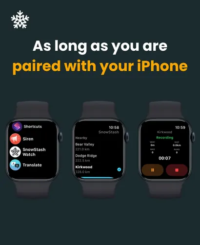SnowStash Watch paired with iPhone for session tracking