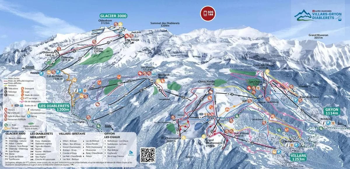 Les Diablerets complete trail map showing all ski runs and lifts