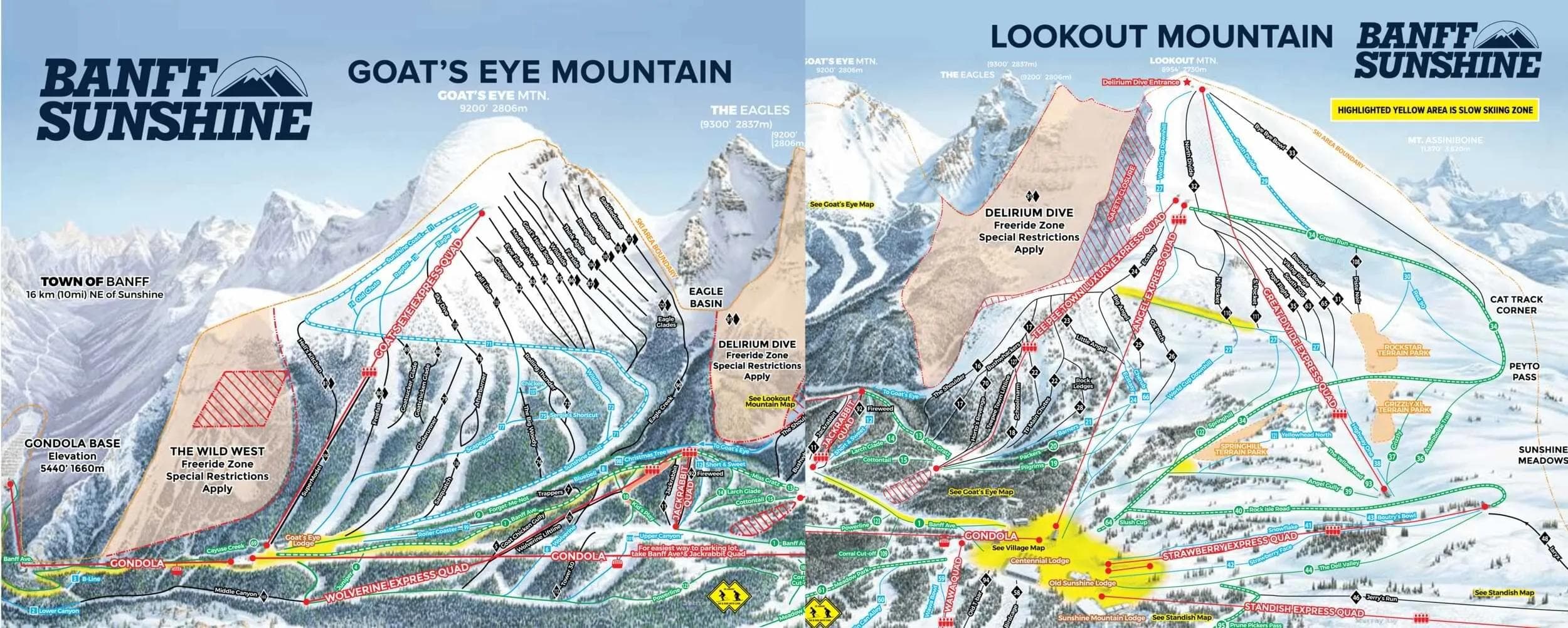 Banff Sunshine Village complete trail map showing all ski runs and lifts