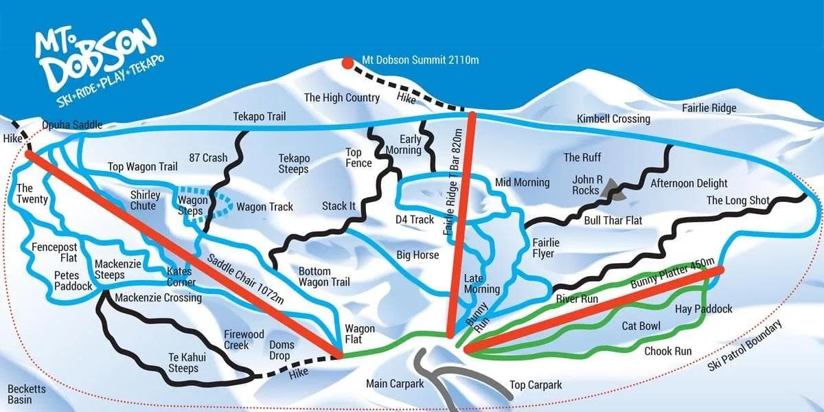 Mt Dobson complete trail map showing all ski runs and lifts