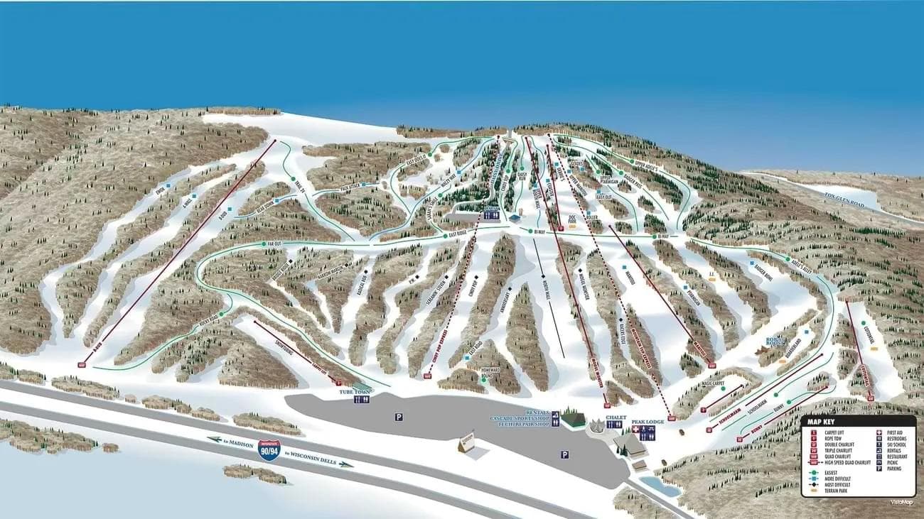 Cascade Mountain complete trail map showing all ski runs and lifts