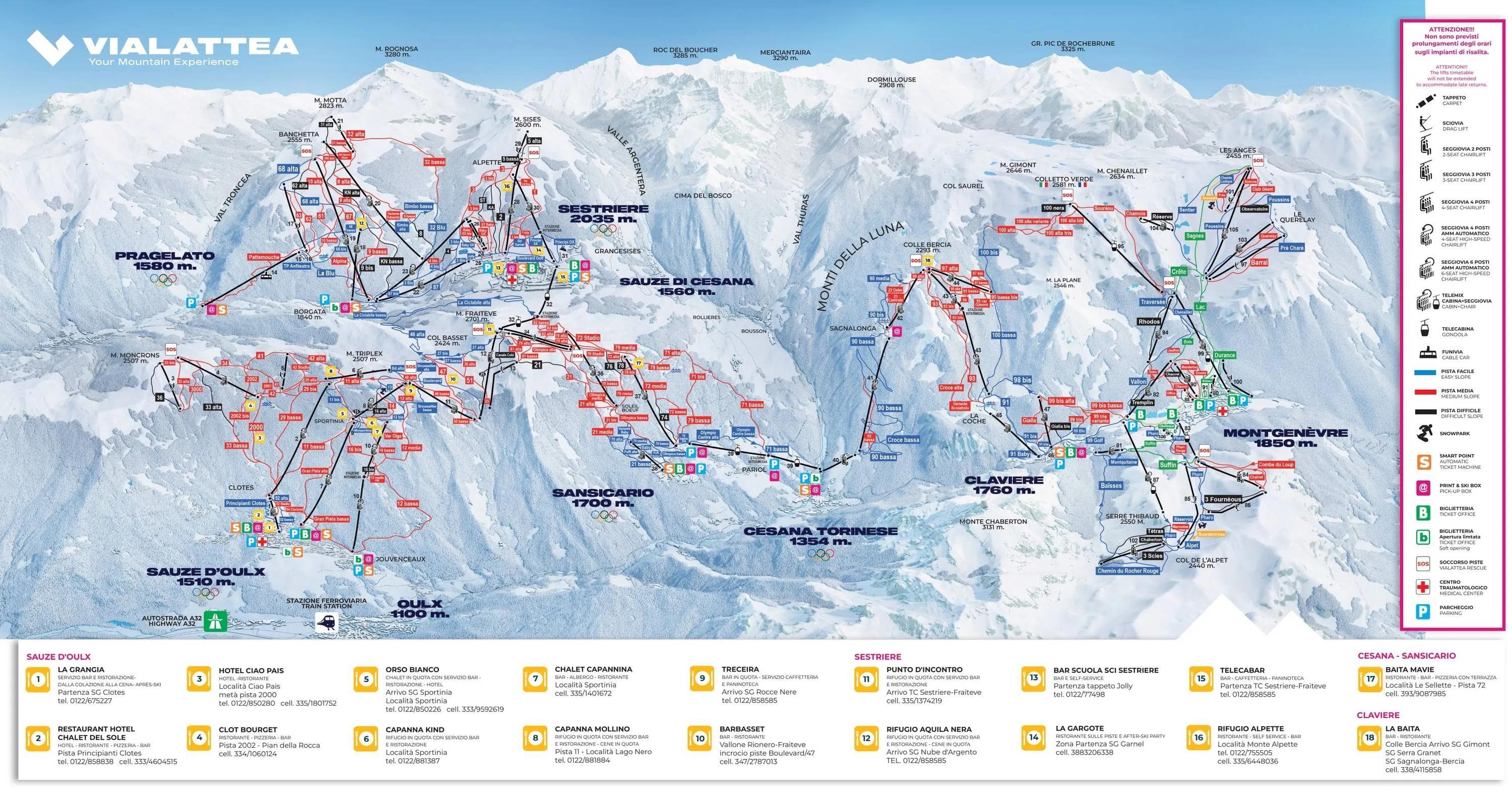Via Lattea complete trail map showing all ski runs and lifts