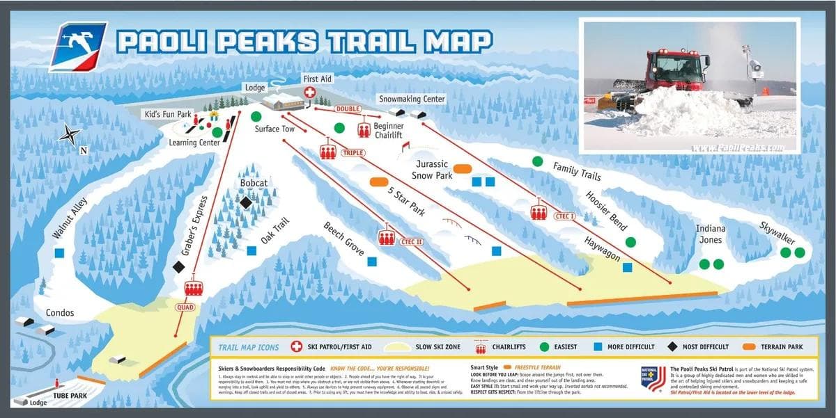 Paoli Peaks Resort complete trail map showing all ski runs and lifts