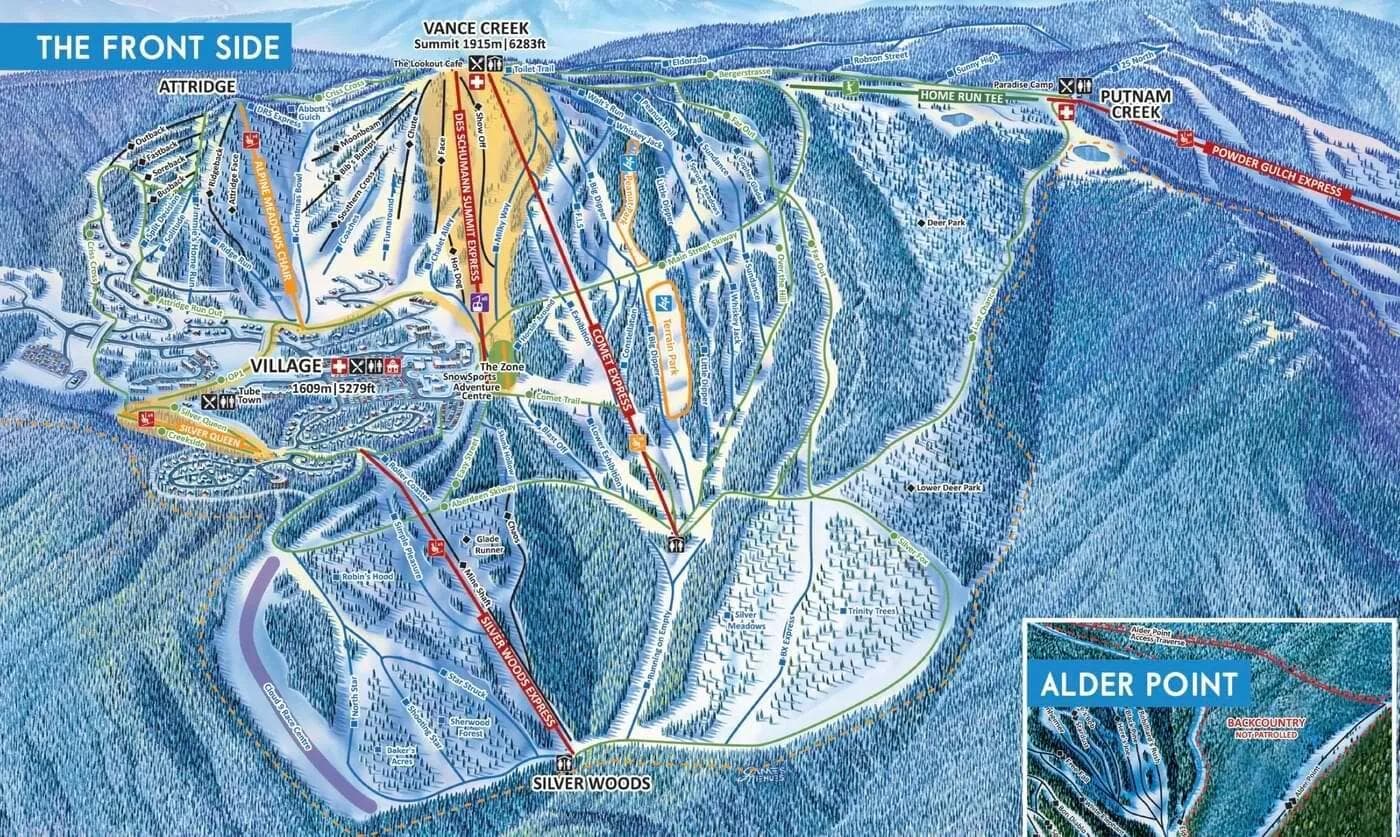 Silverstar complete trail map showing all ski runs and lifts
