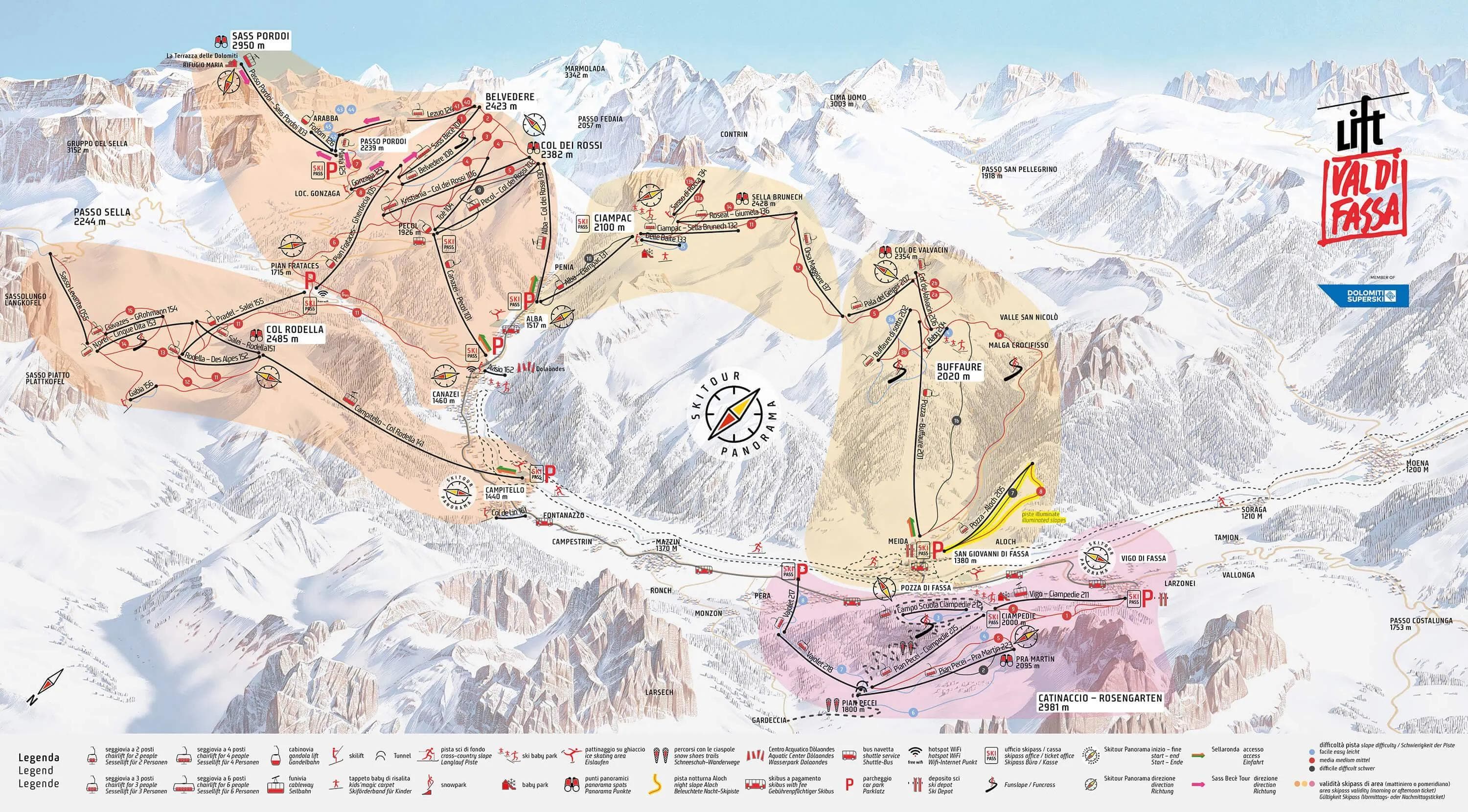 Val di Fassa complete trail map showing all ski runs and lifts