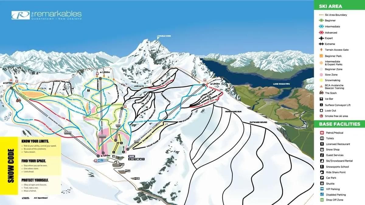 The Remarkables complete trail map showing all ski runs and lifts