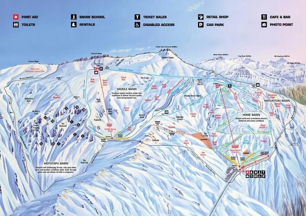 Treble Cone complete trail map showing all ski runs and lifts
