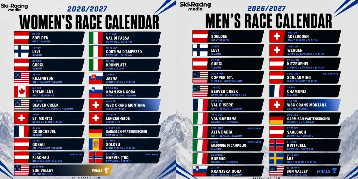 The calendar for the upcoming 2026/27 FIS race schedule.