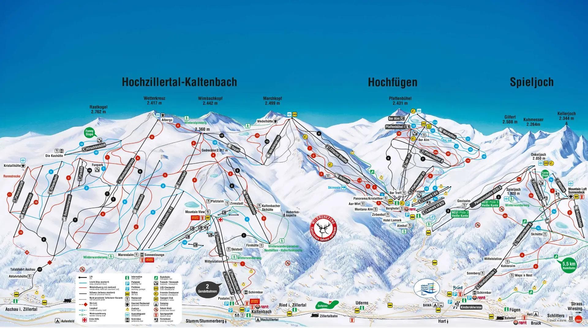Hochzillertal / Hochfügen complete trail map showing all ski runs and lifts