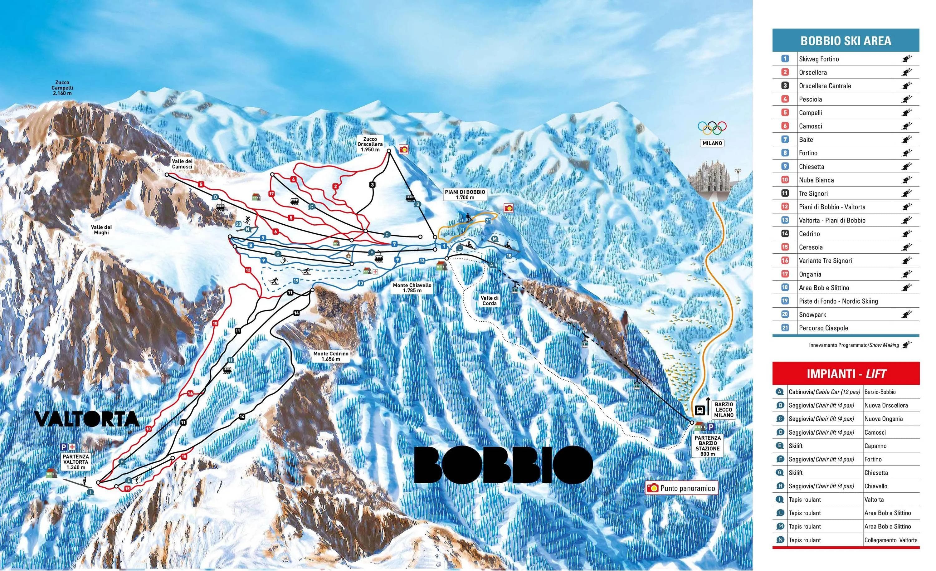 Piani di Bobbio complete trail map showing all ski runs and lifts