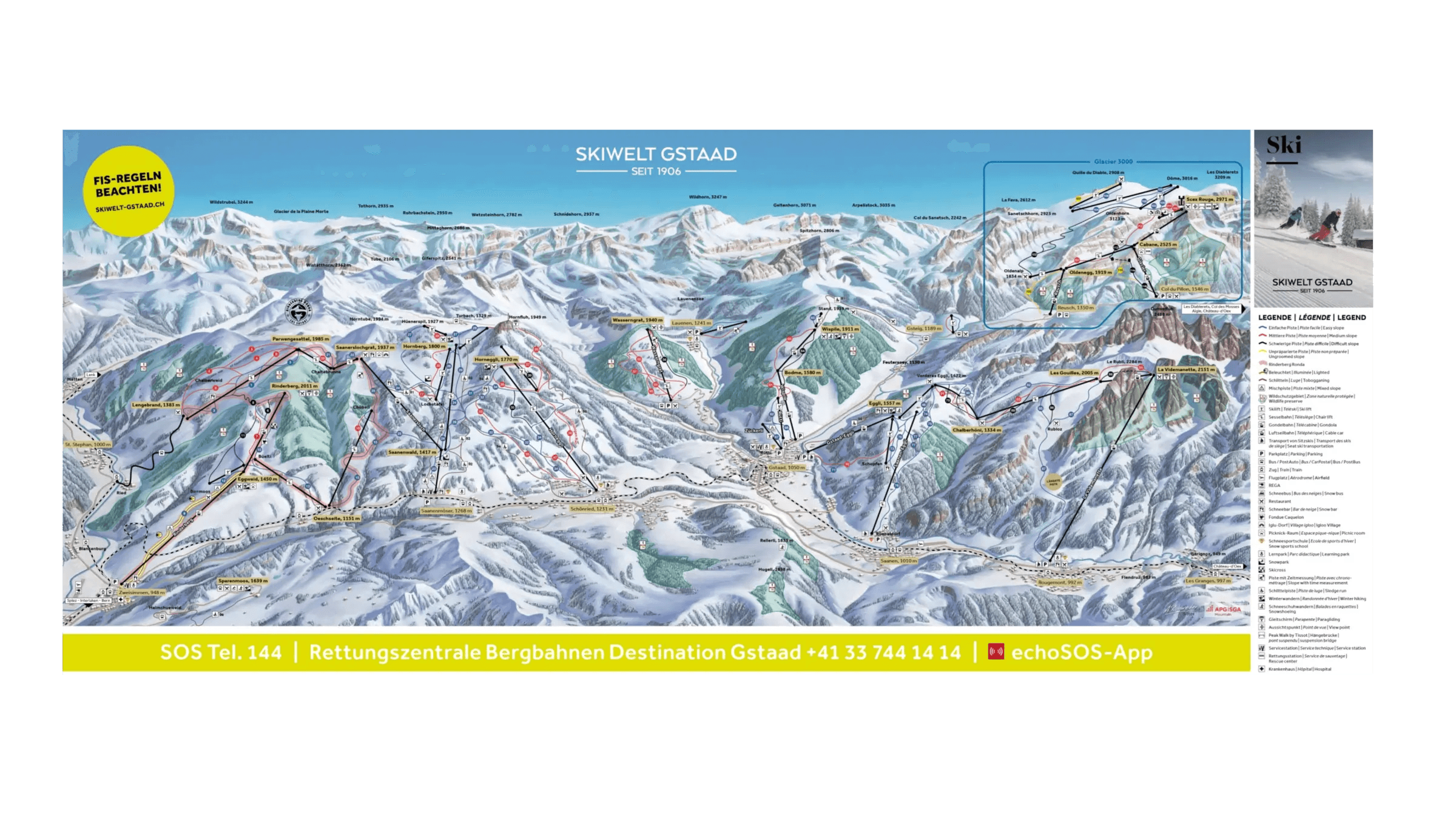 Gstaad complete trail map showing all ski runs and lifts