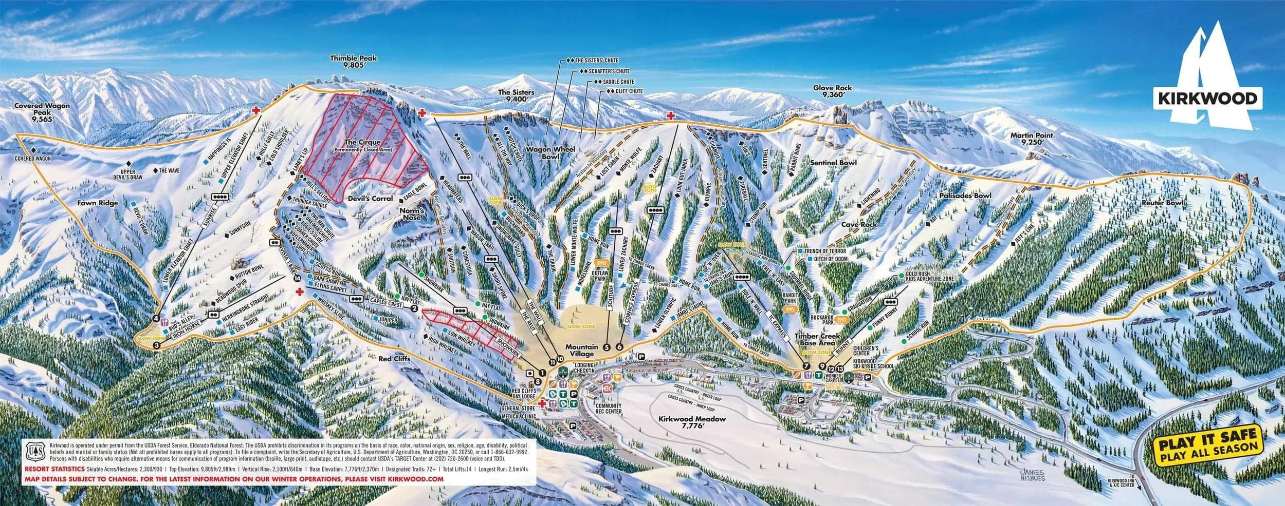 Kirkwood complete trail map showing all ski runs and lifts