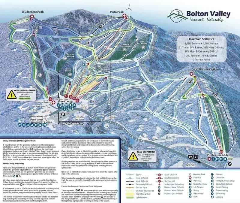 Bolton Valley complete trail map showing all ski runs and lifts