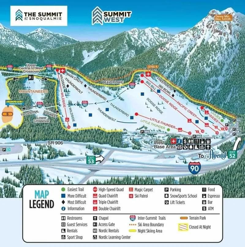 Official ski trail map showing runs and lifts at Dodge Ridge resort