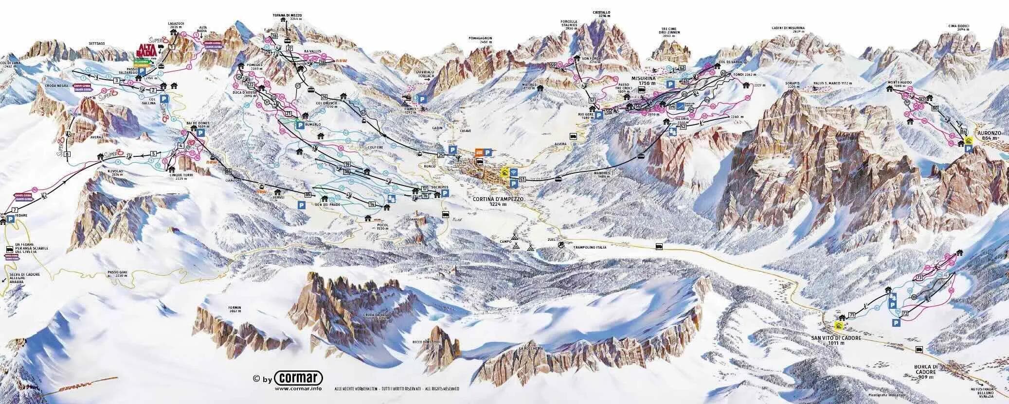 Cortina d’Ampezzo complete trail map showing all ski runs and lifts