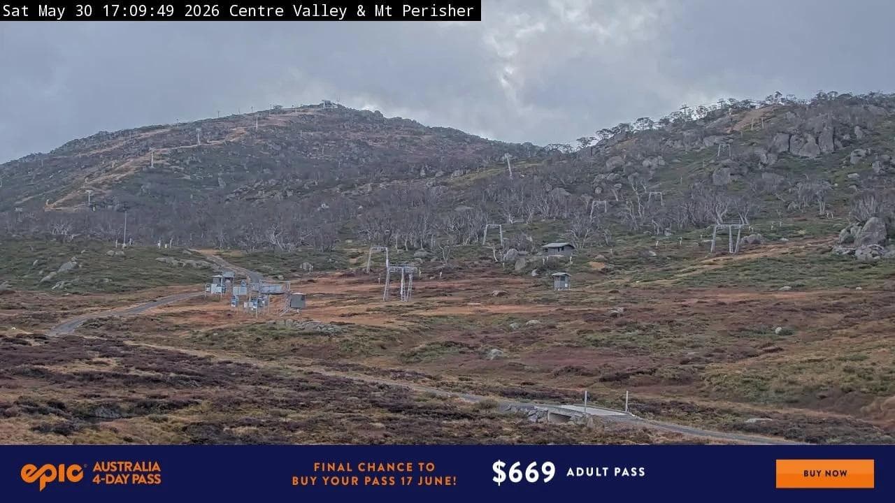 The webcams at Perisher show just how dry the current conditions are.