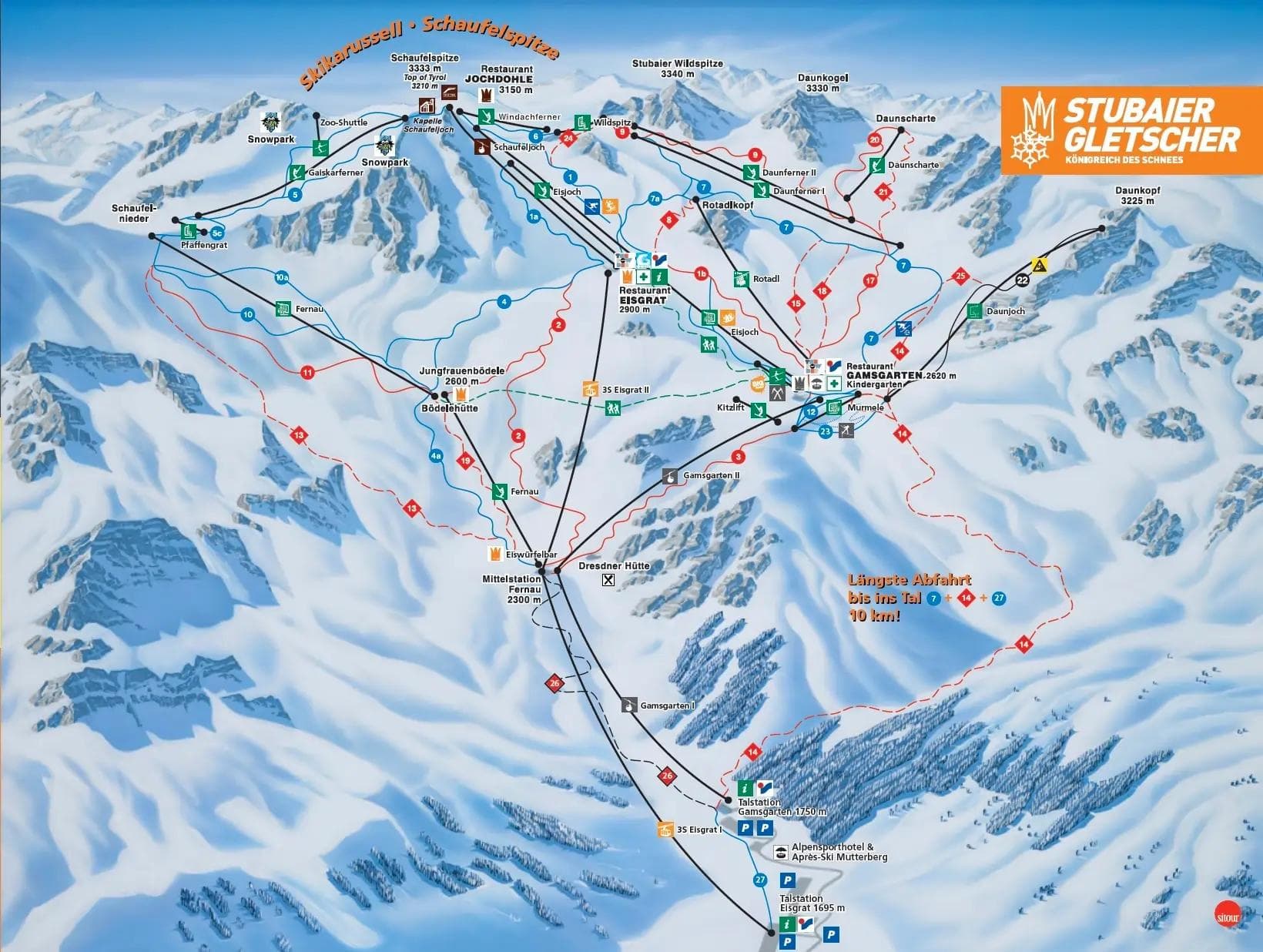 Stubai complete trail map showing all ski runs and lifts