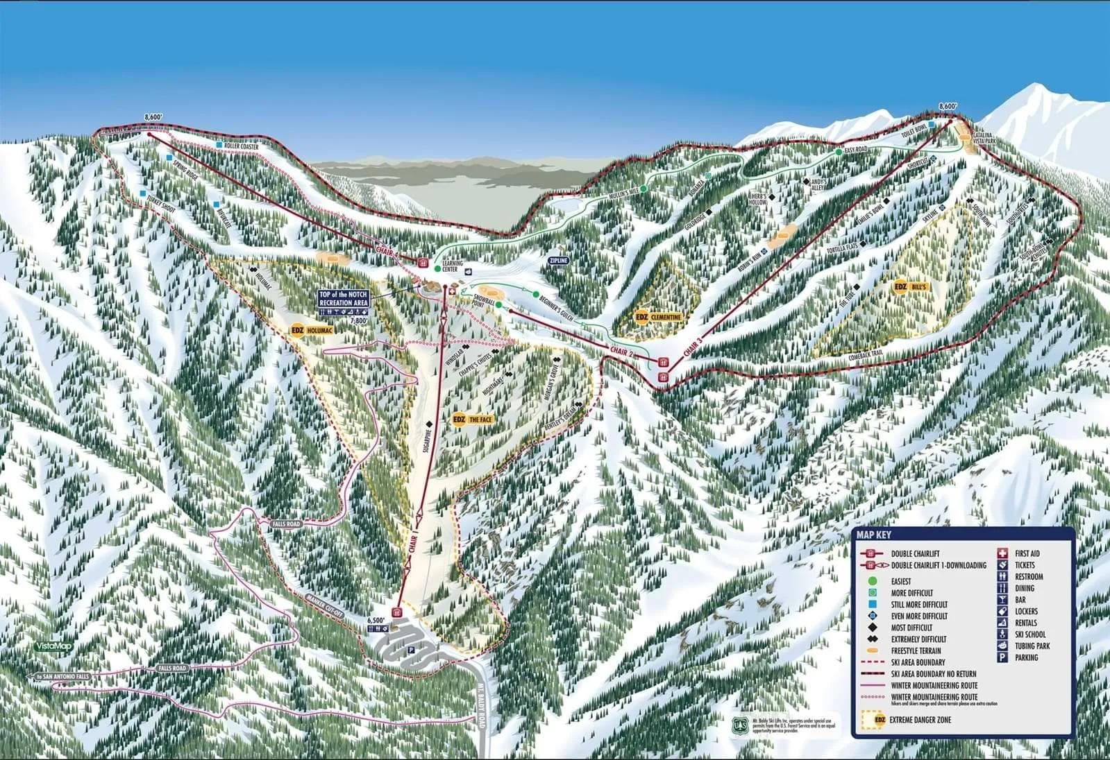 Mt Baldy complete trail map showing all ski runs and lifts