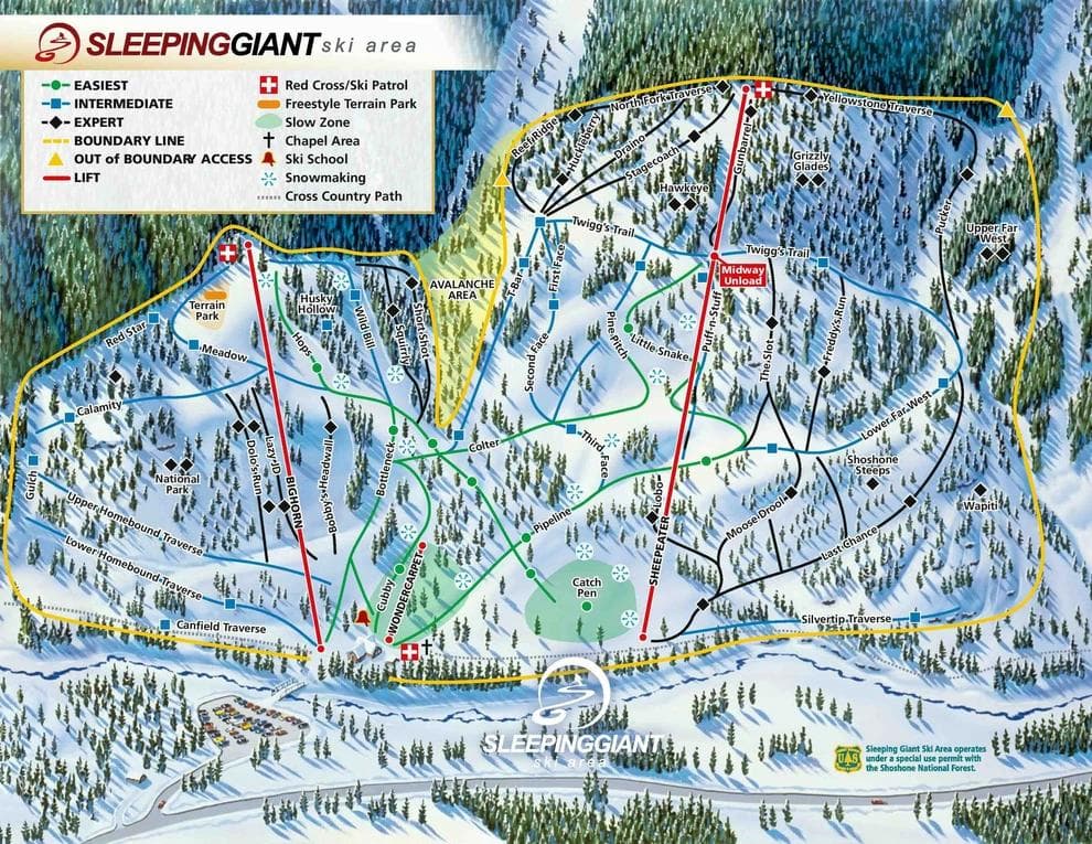 Sleeping Giant complete trail map showing all ski runs and lifts