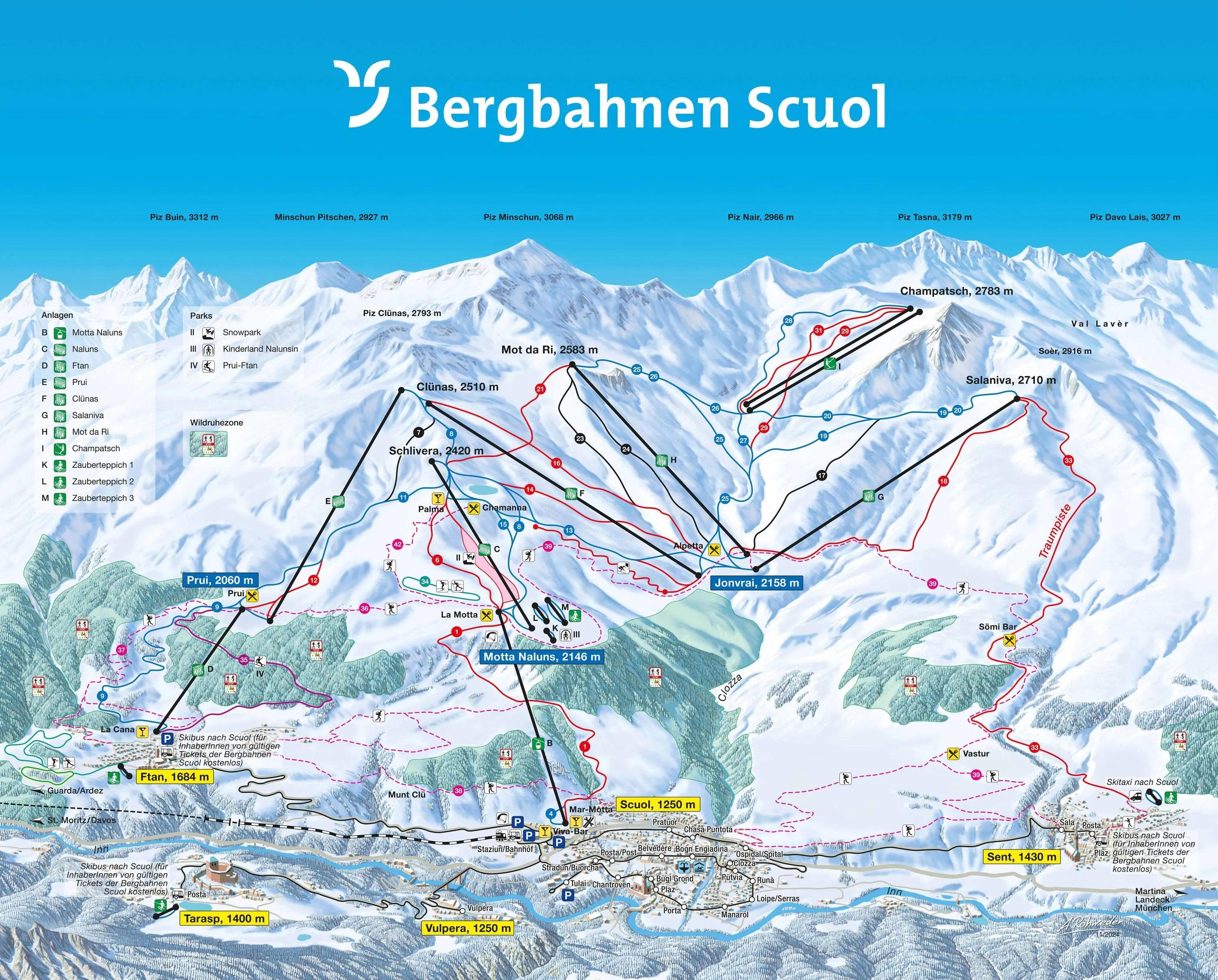 Scuol complete trail map showing all ski runs and lifts