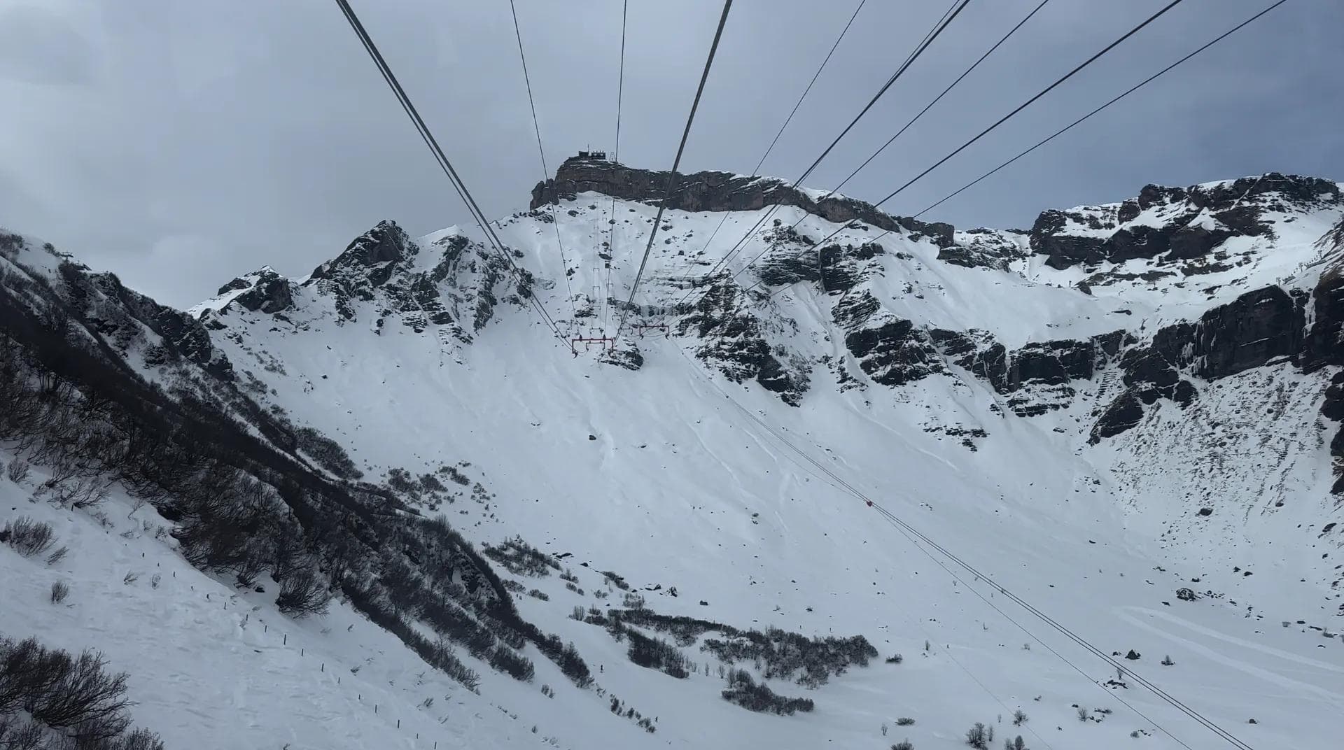 A view looking directly up one of the newly opened gondolas at Schilthorn.