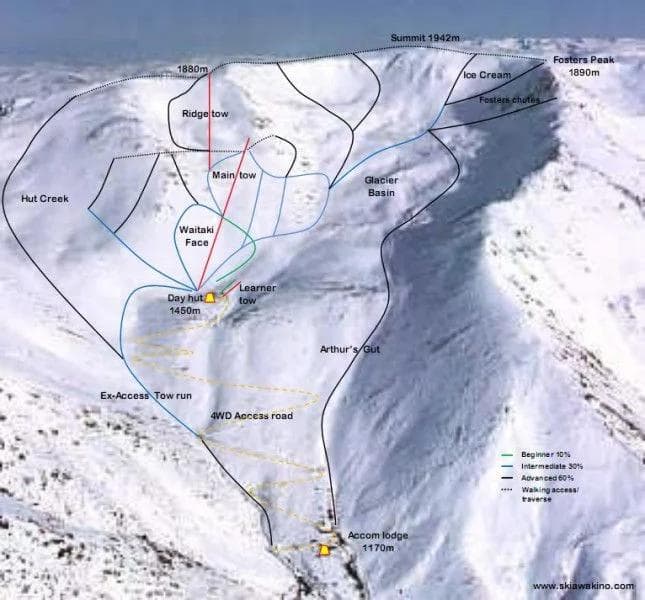 Awakino complete trail map showing all ski runs and lifts