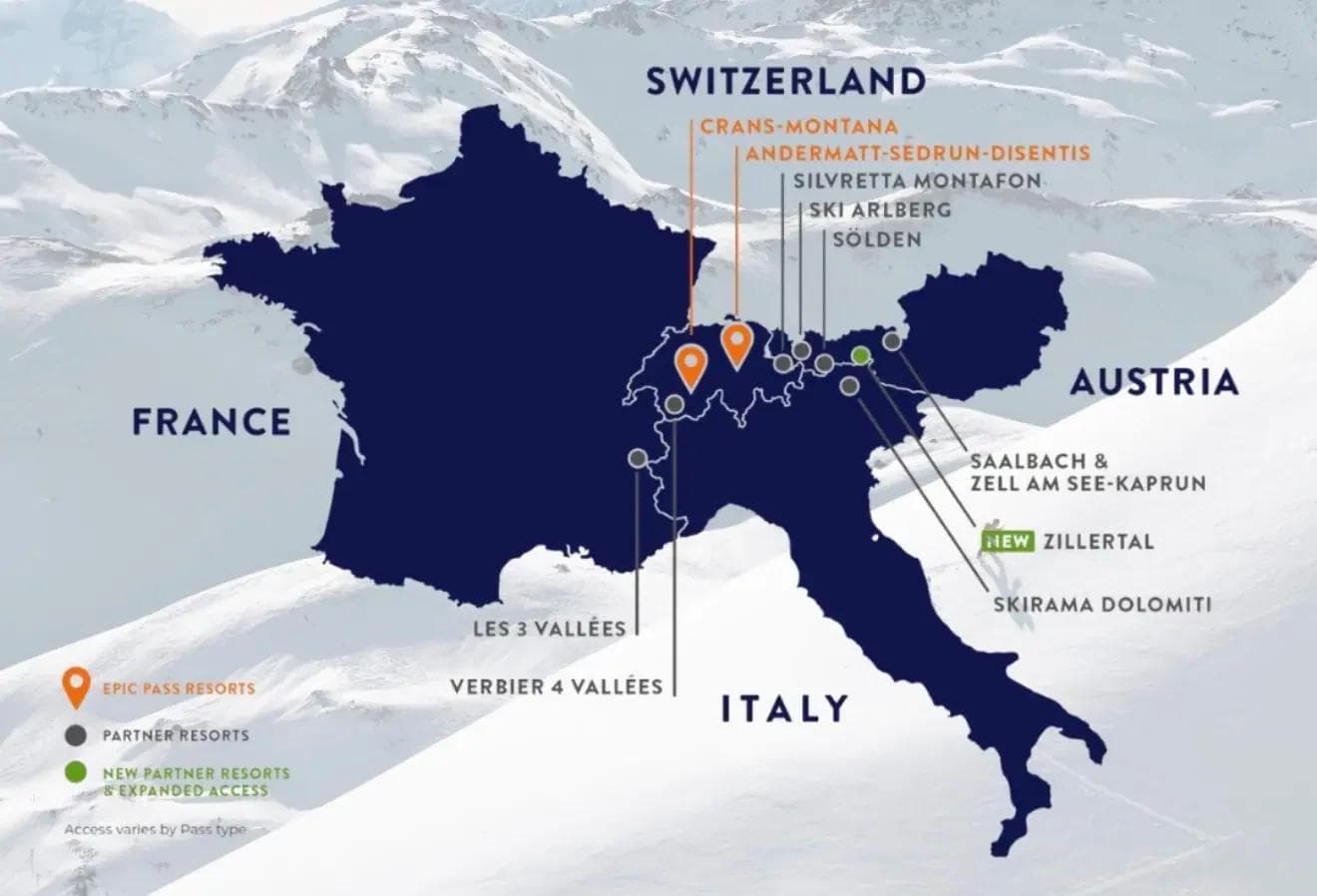 The updated map showing Zillertal as a destination rather than just Mayrhofen and Hintertux.