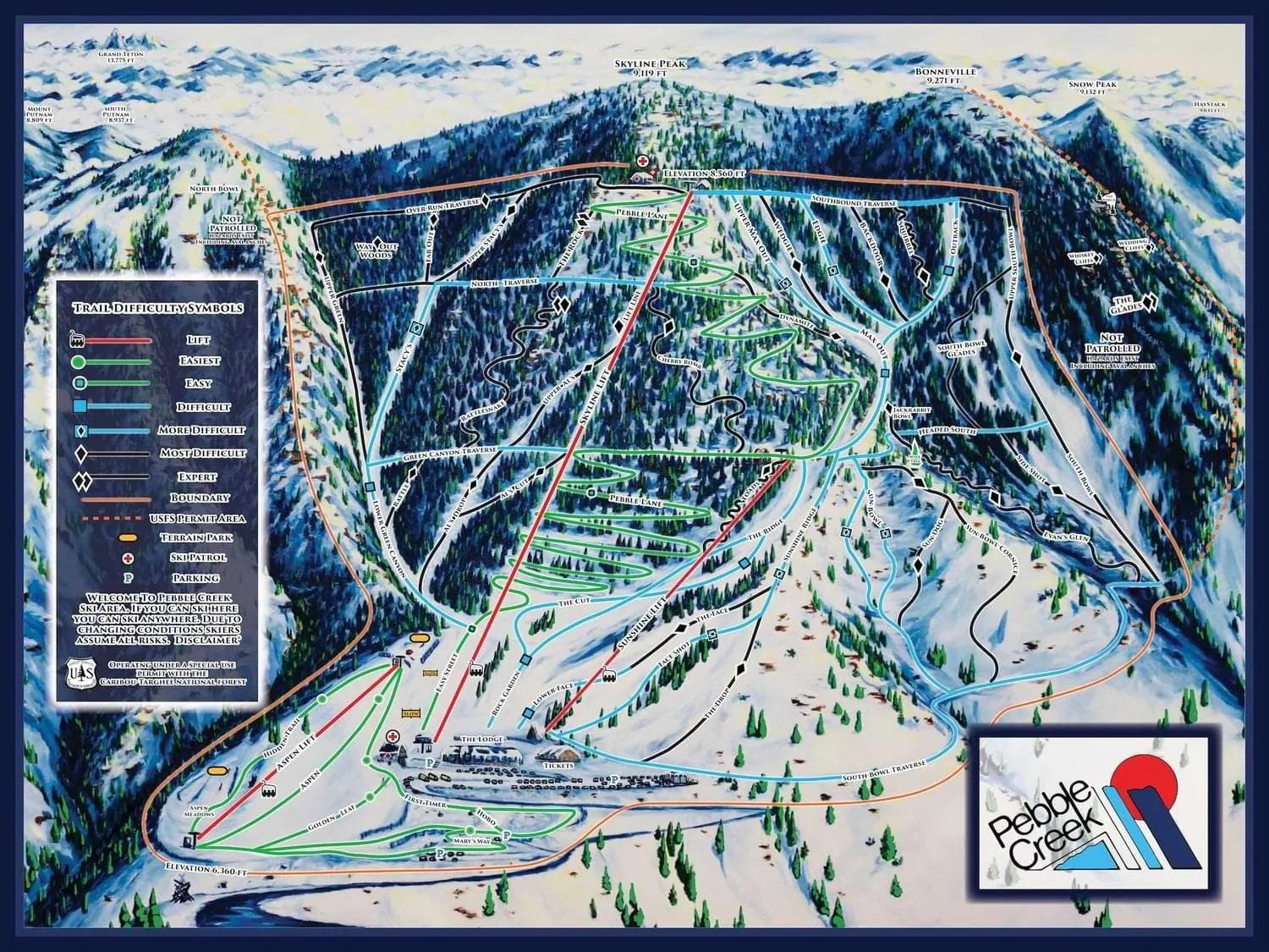 Pebble Creek complete trail map showing all ski runs and lifts