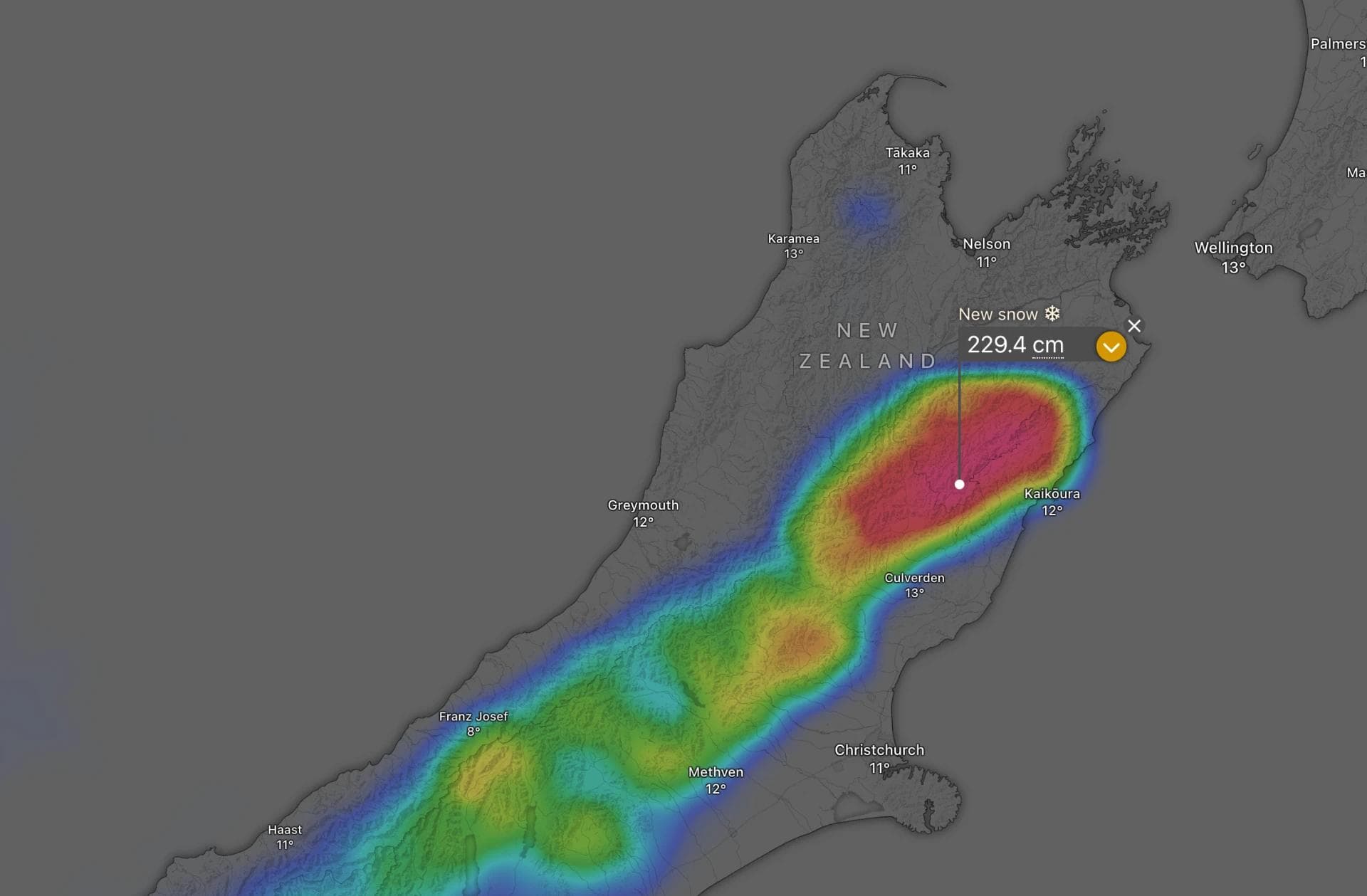 The ACCESS 12km model is showing 229cm of snow in northern Canterbury