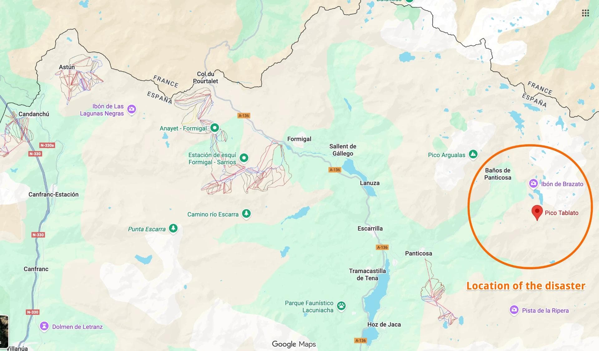 Location of Pico Tablato in the Pyrenees Mountains