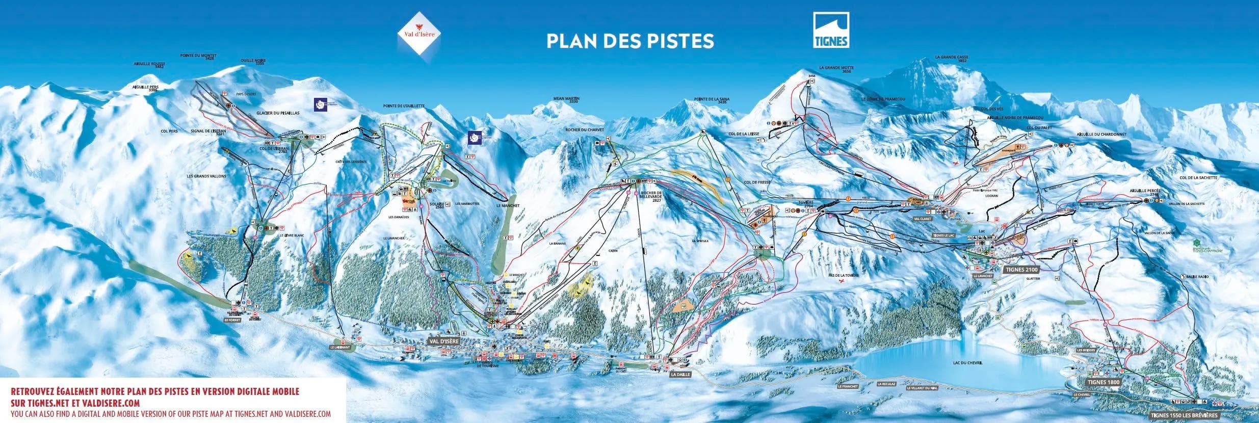 Tignes complete trail map showing all ski runs and lifts