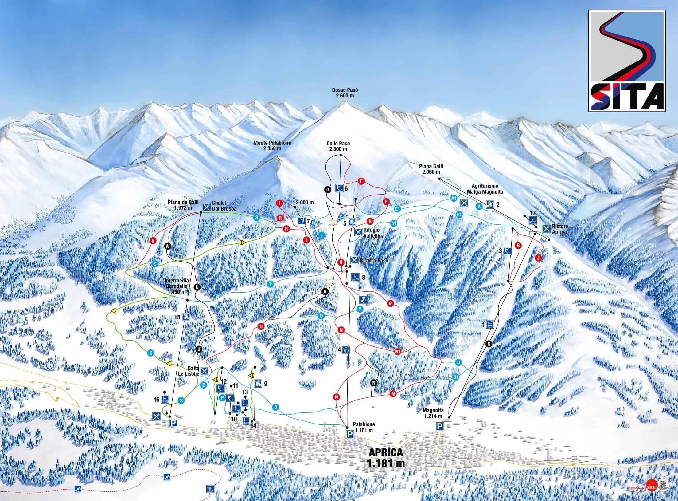 Aprica complete trail map showing all ski runs and lifts