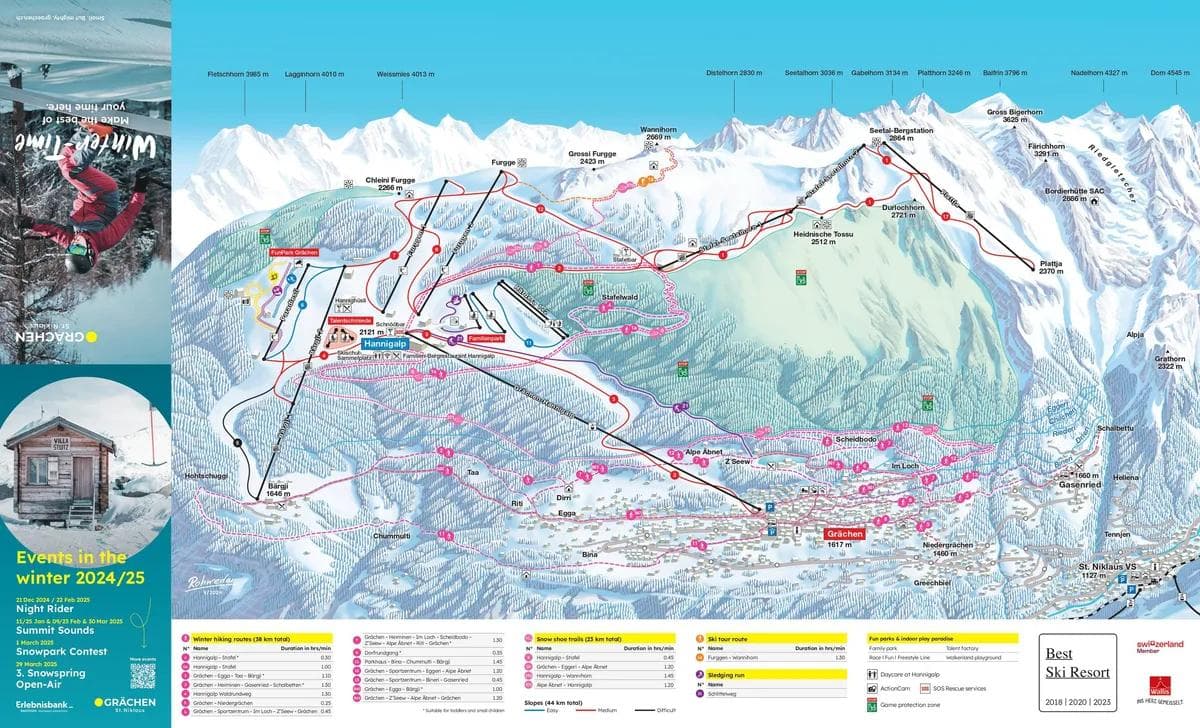 Grächen complete trail map showing all ski runs and lifts