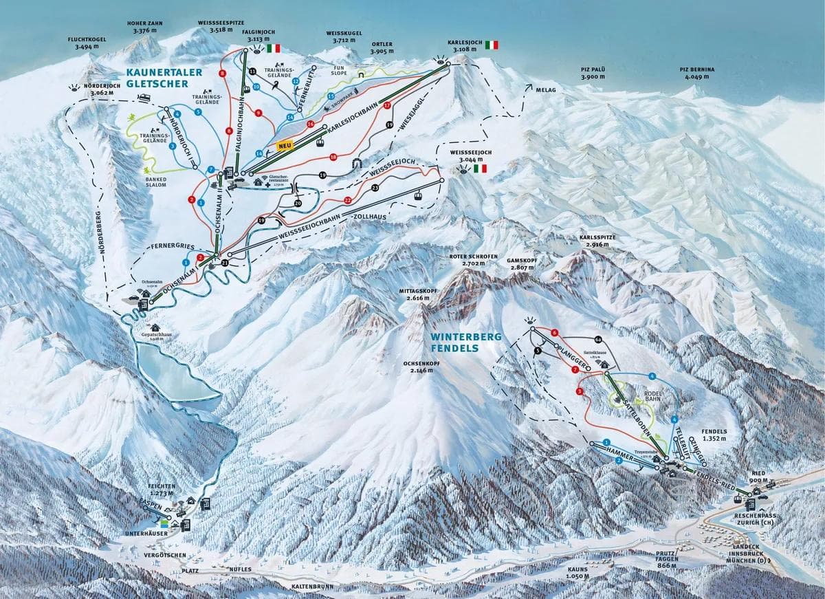 Kaunertal Glacier complete trail map showing all ski runs and lifts