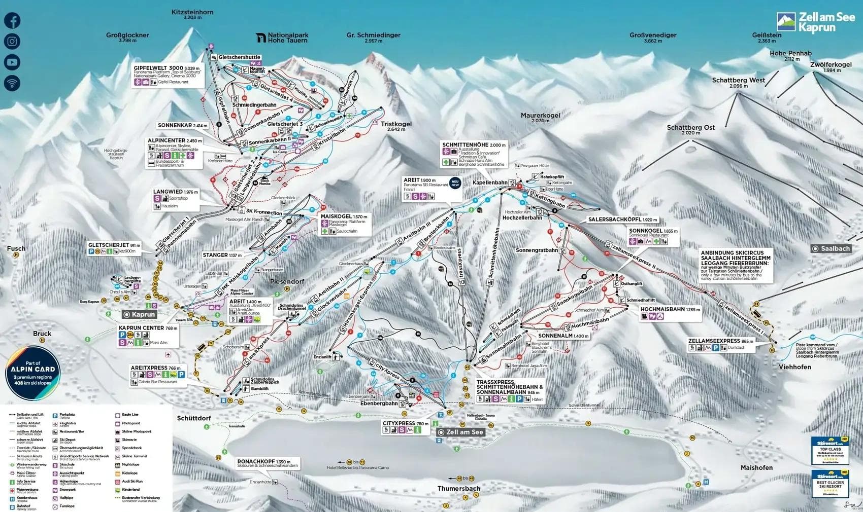Zell Am See complete trail map showing all ski runs and lifts