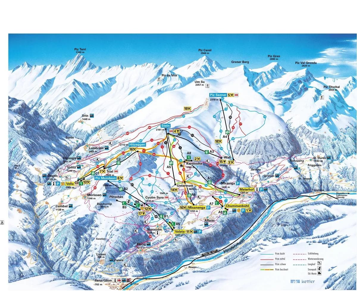 Obersaxen Mundaun complete trail map showing all ski runs and lifts