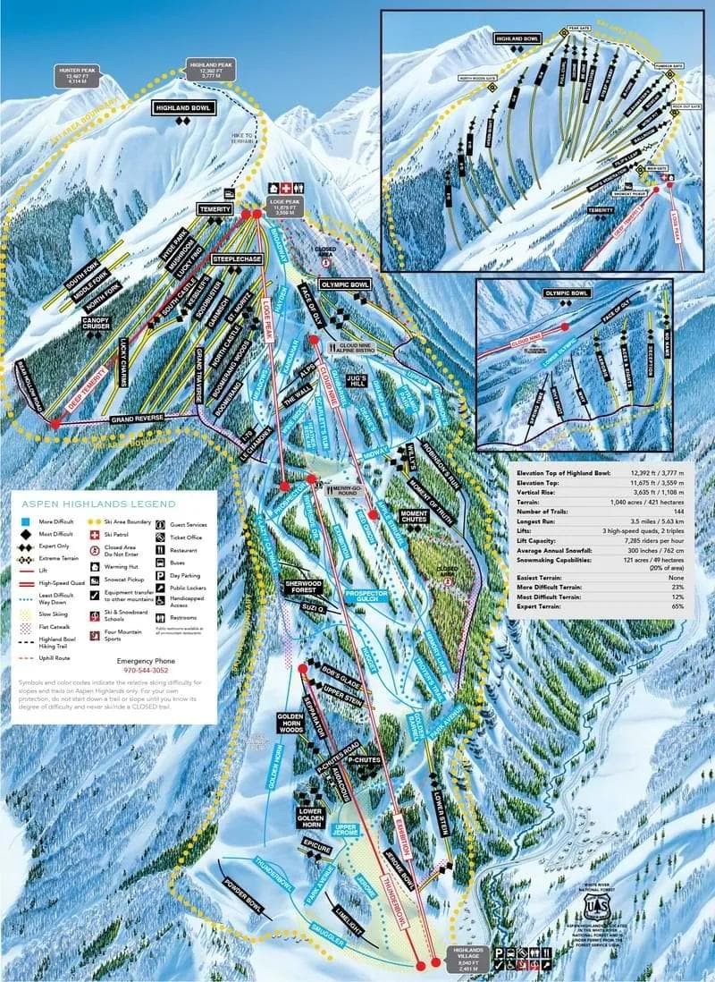 Aspen Highlands complete trail map showing all ski runs and lifts