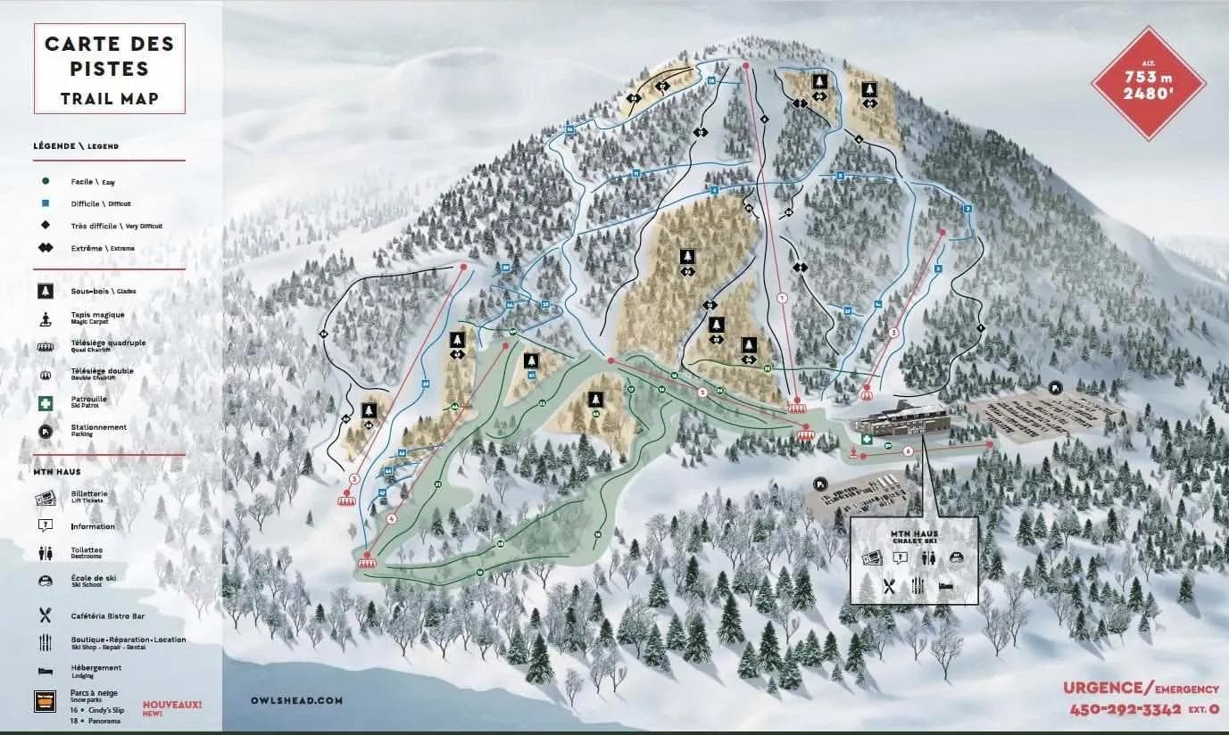 Owls Head complete trail map showing all ski runs and lifts