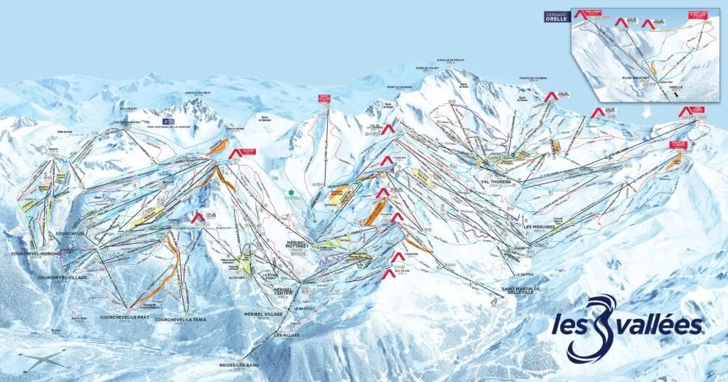 The current Val Thorens trail map as part of Les 3 Vallées.