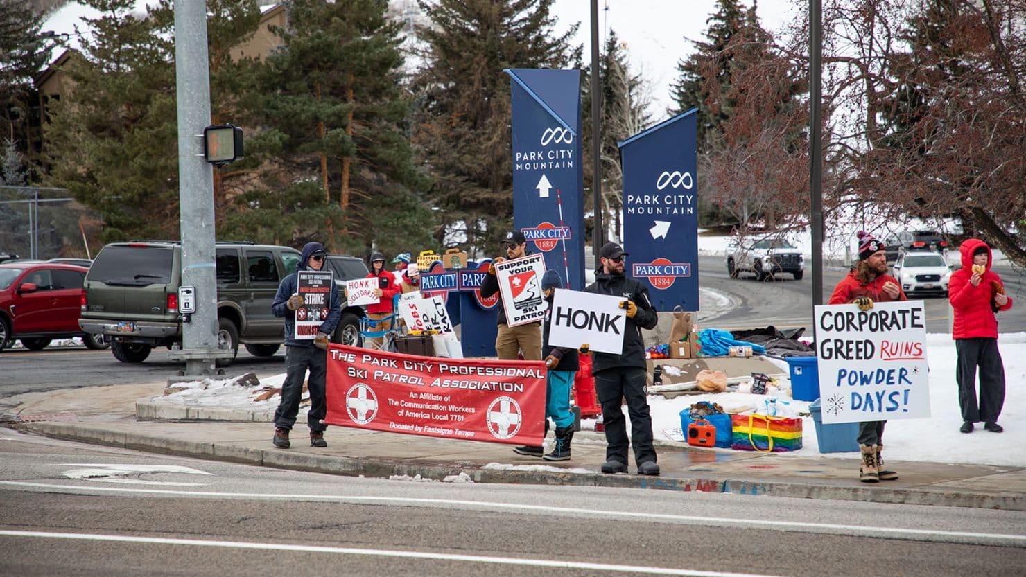 Patrollers strike in front of the Park City Mountain Village.