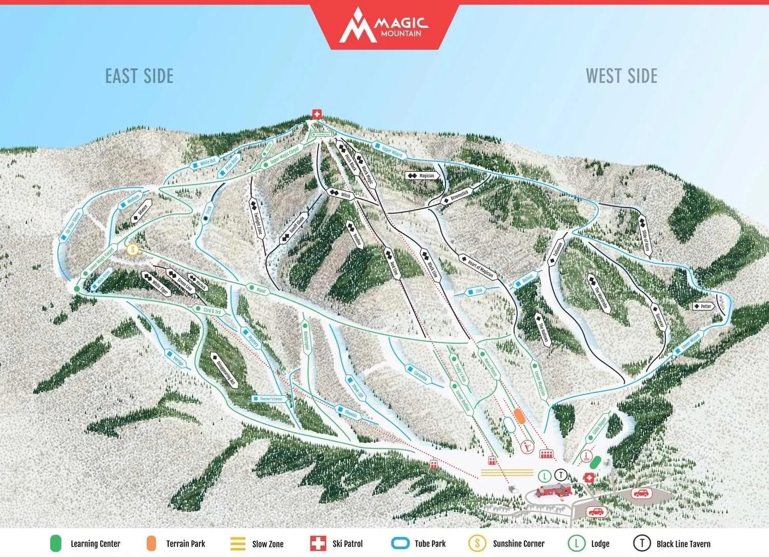 Magic Mountain complete trail map showing all ski runs and lifts