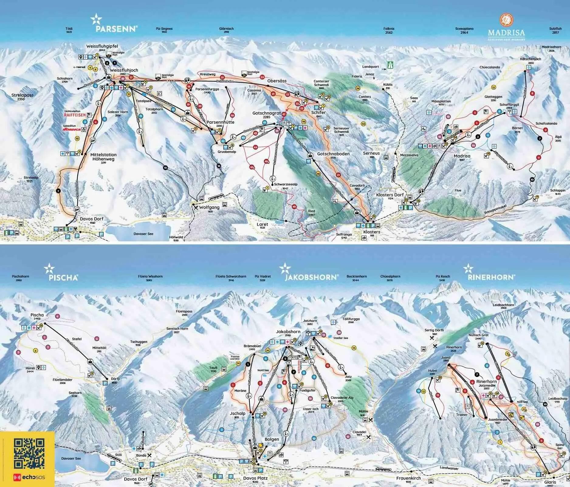 Davos complete trail map showing all ski runs and lifts