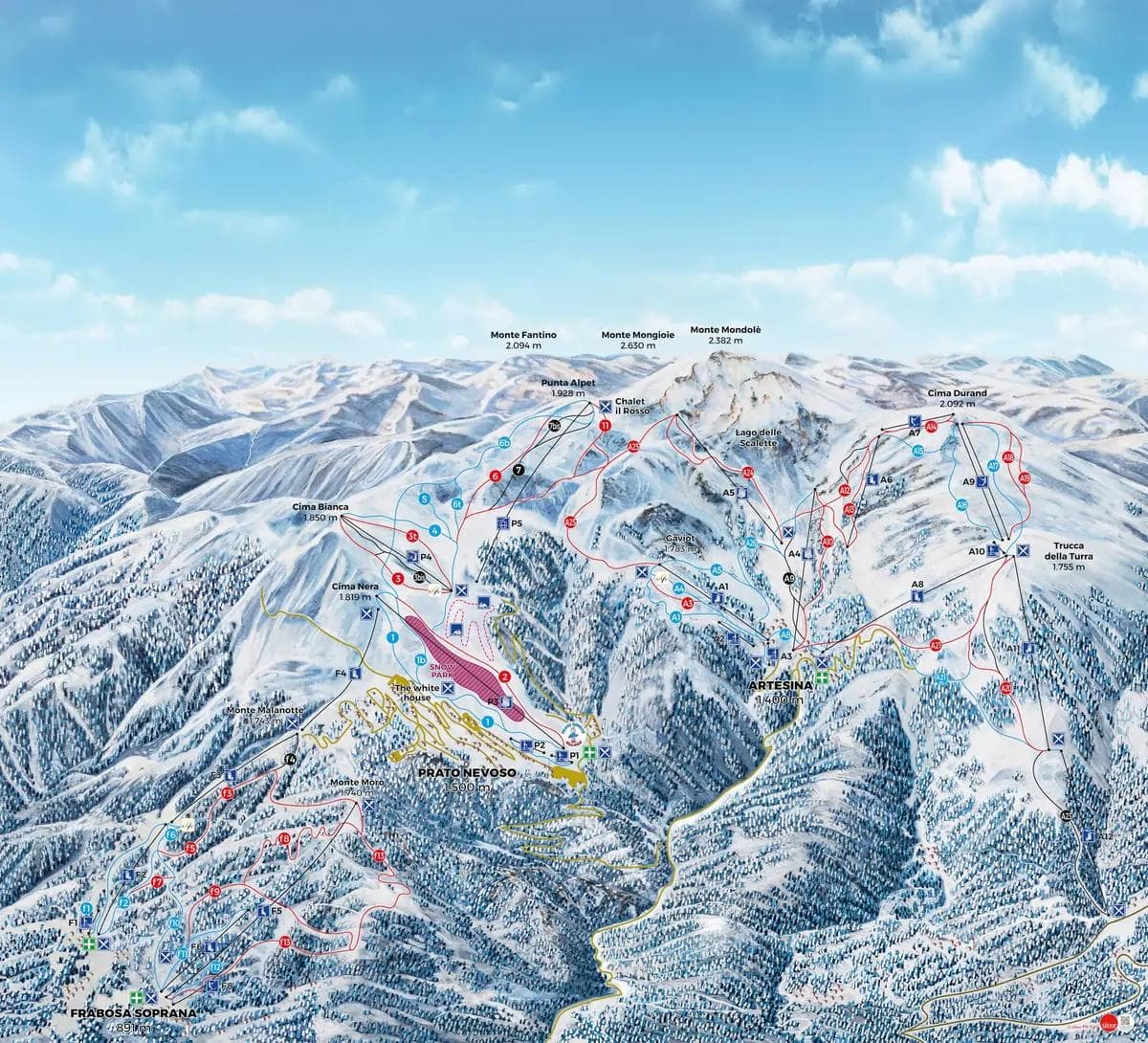 Mondolè Ski complete trail map showing all ski runs and lifts