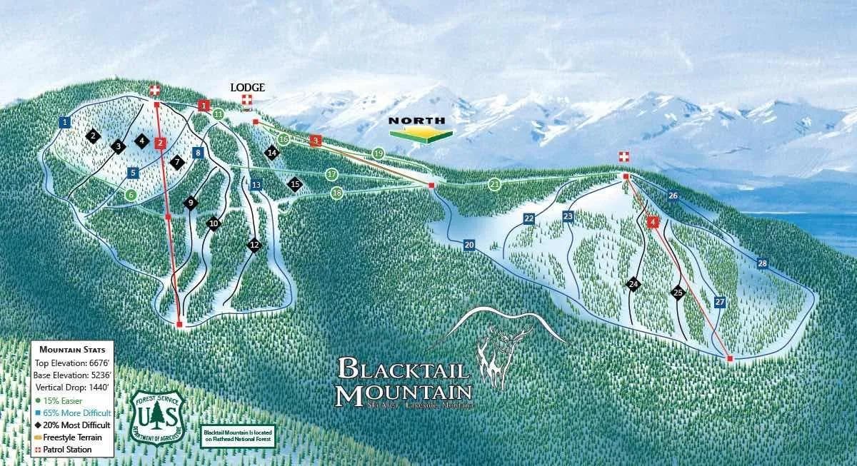 Blacktail Mountain complete trail map showing all ski runs and lifts