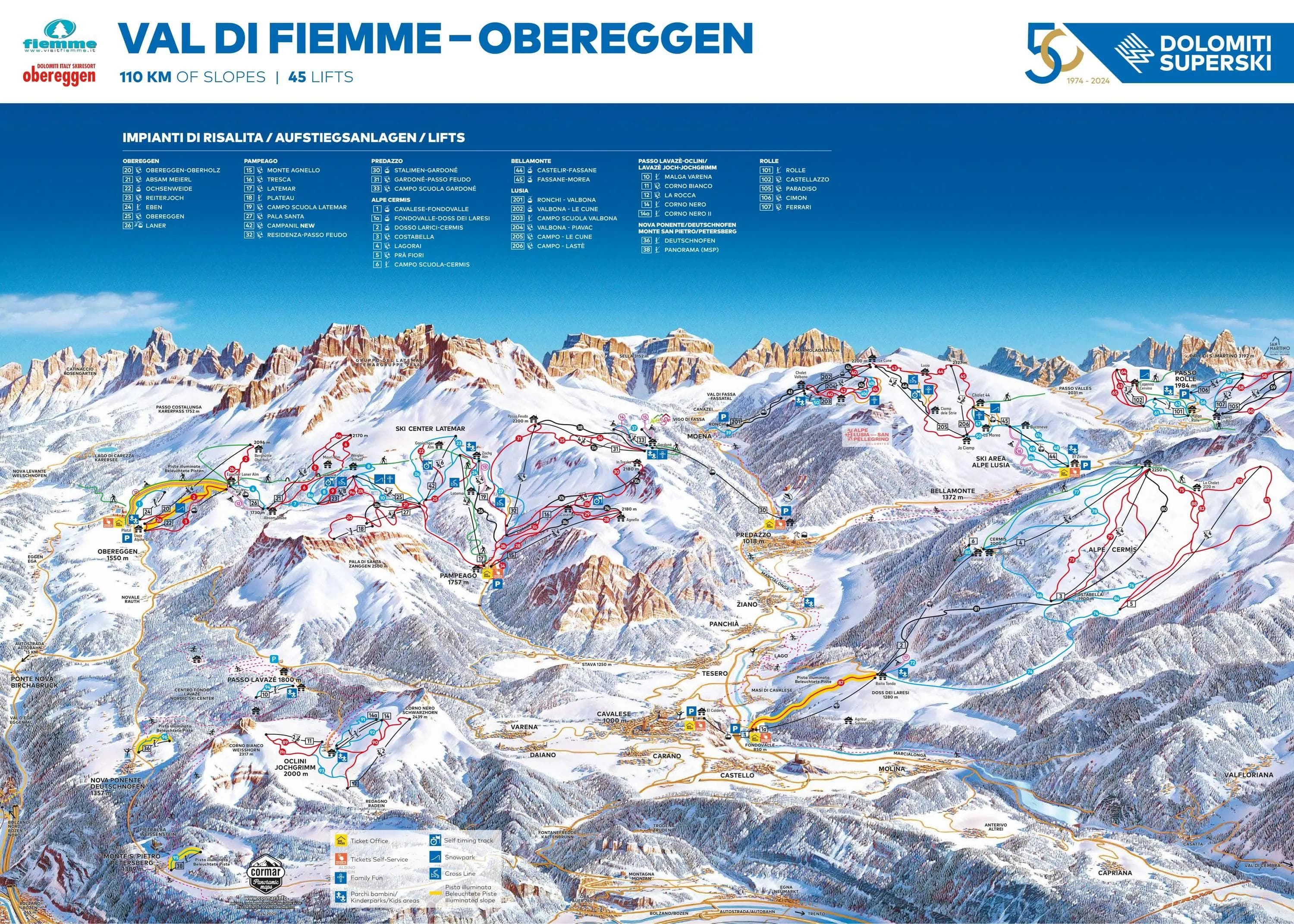 Obereggen complete trail map showing all ski runs and lifts