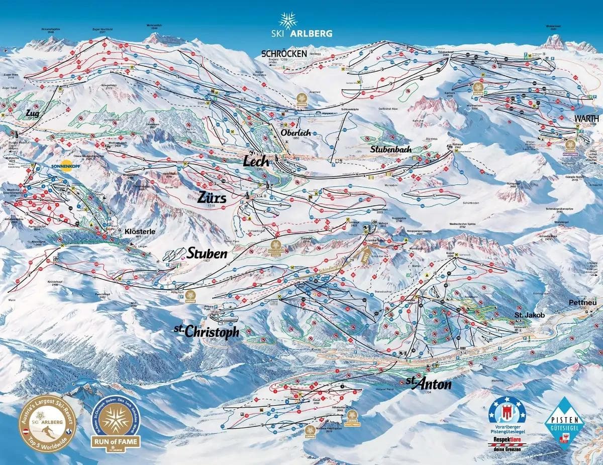 St. Anton complete trail map showing all ski runs and lifts
