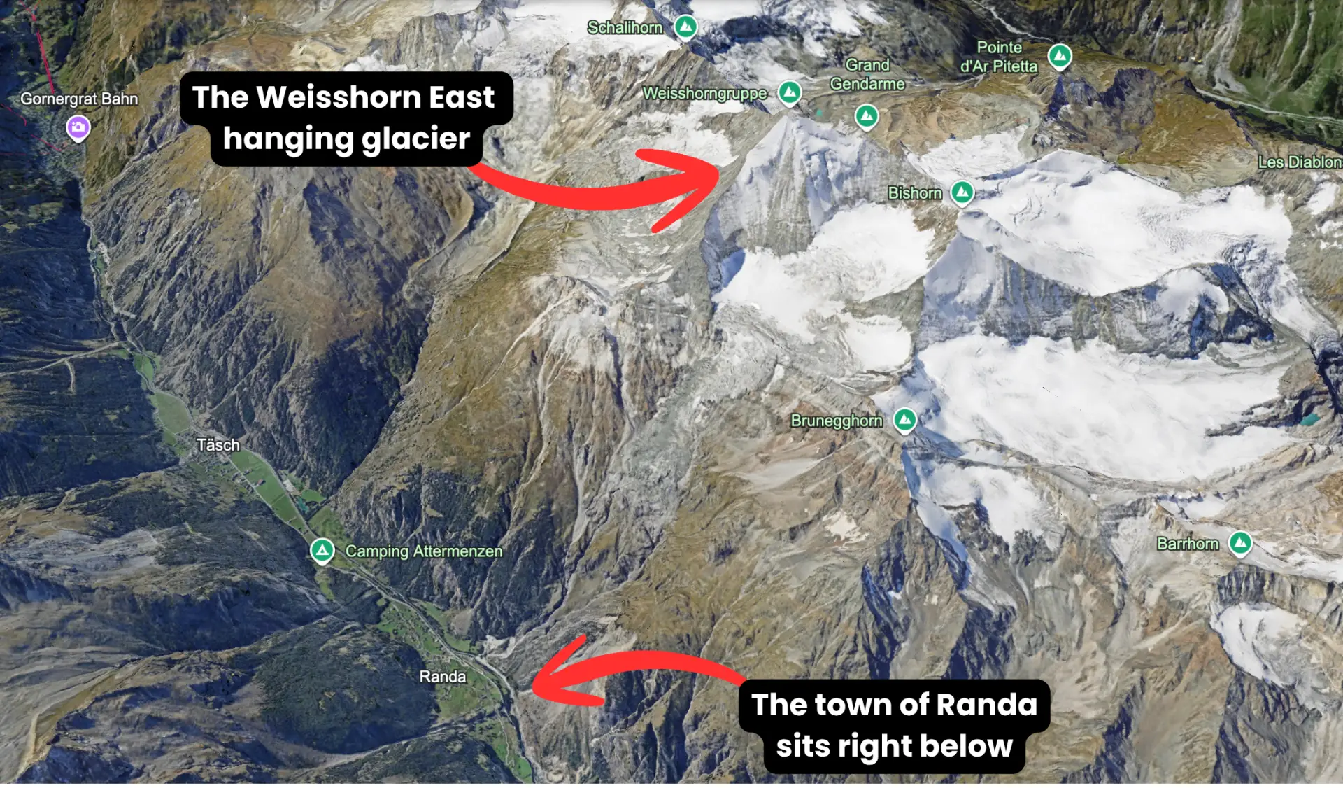 A view from Google earth showing the glacier and the town.